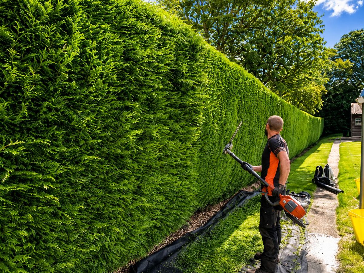 Freshly cut boundary hedge maintained for a property in Kent