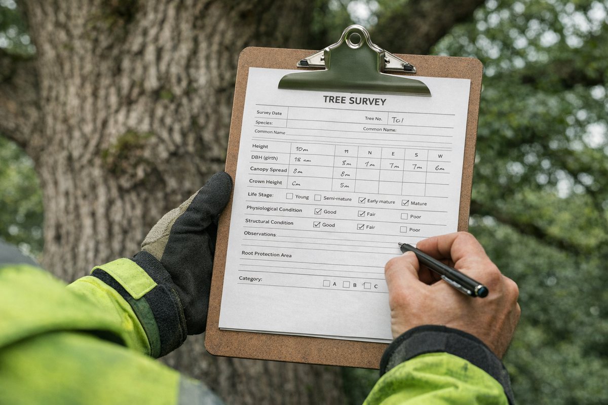 Qualified arborist carrying out a tree survey and inspection in Kent